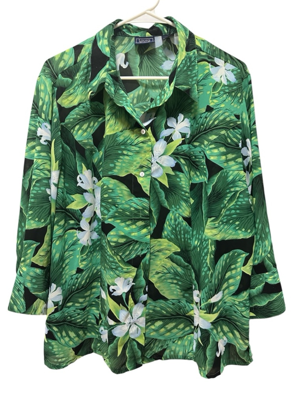 Laura Scott Green Tropical Leaf Print Shirt